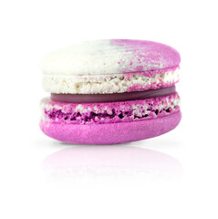One French almond pastry macarons lilac isolated on white background.