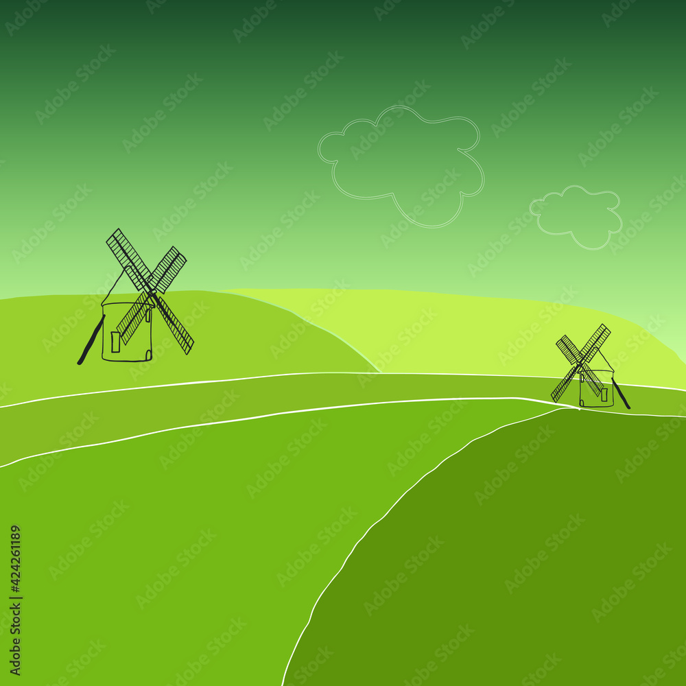 Wall mural Colorful vector countryside scenery meadow with mill. Graphic vector illustration Italian landscape