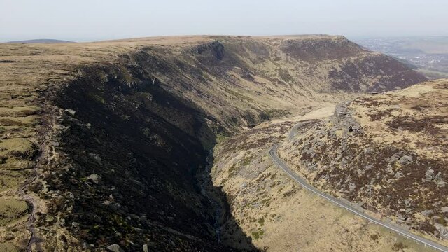 Aerial Drone Fly Over Valley In Stunning Dovestone Reservoir Peak District National Park Greenfield Saddleworth Moor Manchester