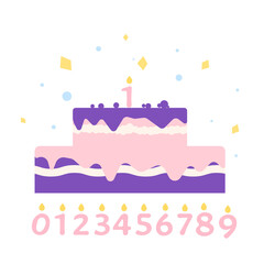 Birthday cake icon with candles numbers set
