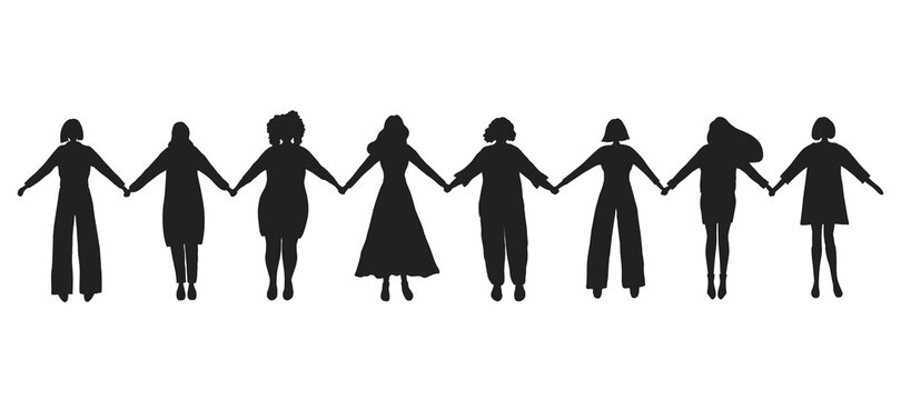 Women are holding hands. Black silhouettes of women. International Women's Day concept. Women's community. Female solidarity. Women silhouettes of different races. Vector illustration