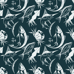 Seamless pattern with marlin fish, salmon fish, squid and king crab 