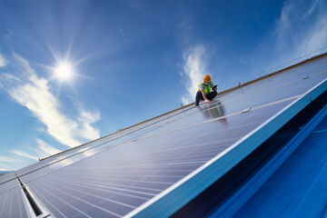 solar energy, engineering team working on roof checking and maintenance in solar power plant ,...