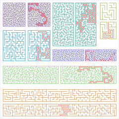 Labyrinth templates with solutions in red. Vector illustration square mazes for kids at different levels of complexity. Riddle puzzle games in different shapes. Simple and complex. Easy and hard.