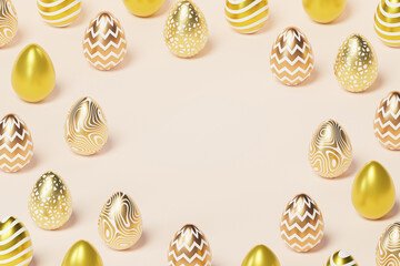 Easter eggs decorated with gold, beige background copy space, spring April holidays card, isometric 3d illustration render