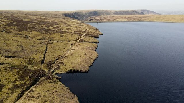 Aerial Drone Fly Over Valley In Stunning Dovestone Reservoir Peak District National Park Greenfield Saddleworth Moor Manchester