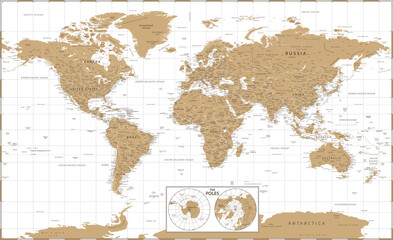 World Map and Poles - Vintage Golden Political - Vector Detailed Illustration