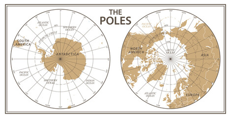 The Poles - North Pole and South Pole - Vector Detailed Illustration. Golden and White