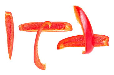 Red sweet bell pepper slices isolated on a white background, top view.
