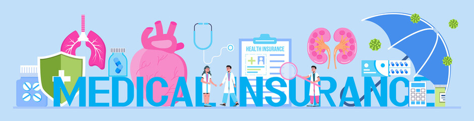Medical, healthcare insurance vector concept, people with doctor fill health online form insurance. Help agent service for calculate insurance bill. it can used for header, ui, web