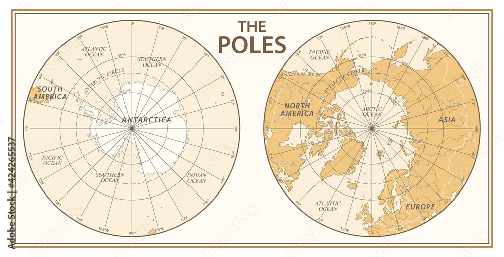 Wall mural the poles - north pole and south pole - vector detailed illustration. golden and white