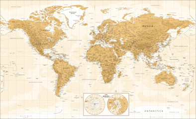 Carte du monde et pôles - Topographique physique vintage - Illustration détaillée de vecteur