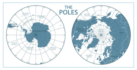 The Poles - North Pole and South Pole - Vector Detailed Illustration. Gray and White - obrazy, fototapety, plakaty