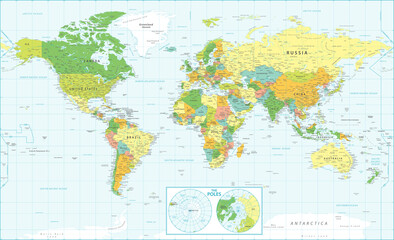 World Map Political and The Poles - Vector Detailed Illustration