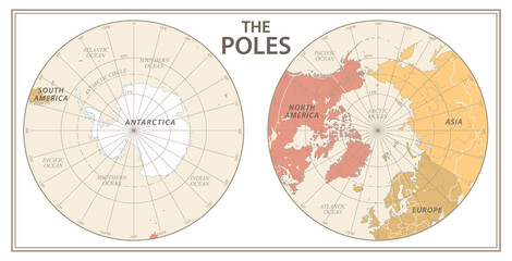 Fototapeta na wymiar The Poles - North Pole and South Pole - Vector Detailed Illustration. Physical Vintage