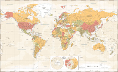 World Map and The Poles - Vintage Political - Vector Detailed Illustration