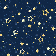 Vector seamless pattern with yellow stars on a dark blue background. - obrazy, fototapety, plakaty