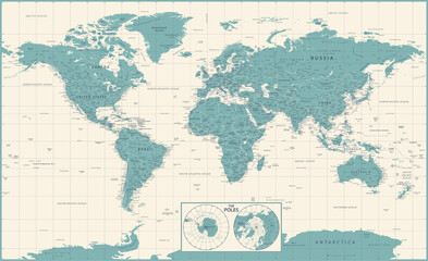 Fototapeta na wymiar World Map Vintage Political and Poles - Vector Detailed Illustration - Layers