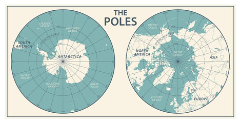 The Poles - North Pole and South Pole - Vector Detailed Illustration. Physical Vintage