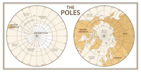 The Poles - North Pole and South Pole - Vector Detailed Illustration. Golden and White