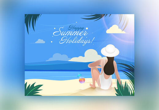 Happy Summer Holidays Web Layout or Hero Image Design with Young Girl Character