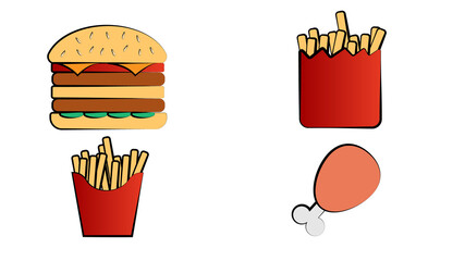 Fast food meal colorful burger french fries and soda isolated on white