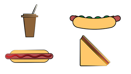 Fast Food Dishes, Drink and Dessert Set, Croissant, Ice Cream, Burger, Sandwich, Soda Drink, Hot Dog  Illustration