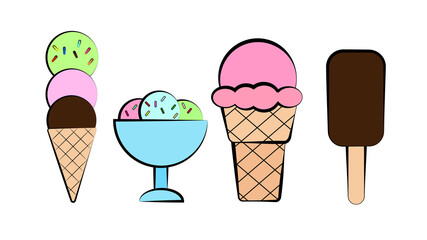 ice cream cone and bar. pastel and colorful icecream isolate on pink. illustration
