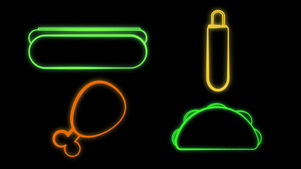 Food neon sign collection. Set neon logos, emblems, symbols, Pizza House, American Hot Dog, Hot Chicken, Burger Delivery, Chef Bekery, Tacos cafe. Design templates Neon Billboard
