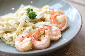 Spaghetti fettucini cream sauce with shrimp , Italian food