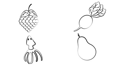 Fruit and Vegetables icon set. Vegan natural bio pictograms. Artichoke, asparagus, wheat, bananas, grapes, leeks, garlic, ginger. Cereals, diet