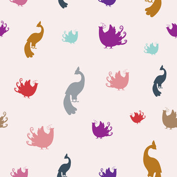 Pattern with colorful silhouette of fantasy birds. Endless texture on rose background. 