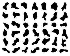 Fototapeta na wymiar Irregular black spots, blotch, inkblot. Organic shapes. Specks, flecks graphic. Drops of liquid, pebble, stone silhouette. Ink basic simple random smooth form