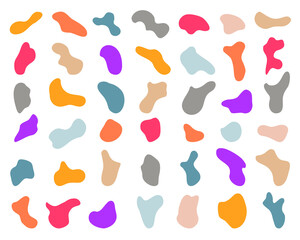 Obraz na płótnie Canvas Irregular color spots, blotch, inkblot. Organic shapes. Specks, flecks graphic. Drops of liquid, pebble, stone silhouette. Ink basic simple random smooth form