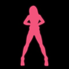 Glowing pink silhouette of sexy woman at black background. Striptease and erotic dance concept.
