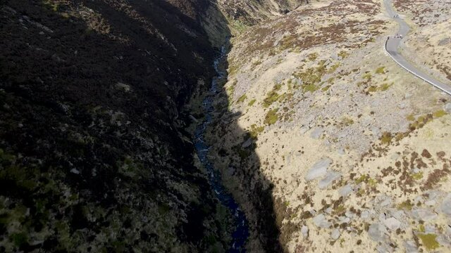 Aerial Drone Fly Over Valley In Stunning Dovestone Reservoir Peak District National Park Greenfield Saddleworth Moor Manchester