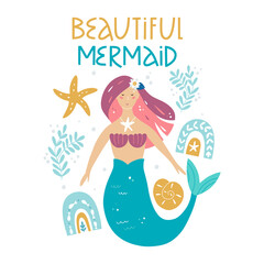Beautiful mermaid! Mermaid art prints. Vector illustration with marine elements.   Modern baby print, poster, banner, sticker.