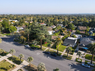 Aerial view above Pasadena neighborhood in northeast of downtown Los Angeles, California, USA