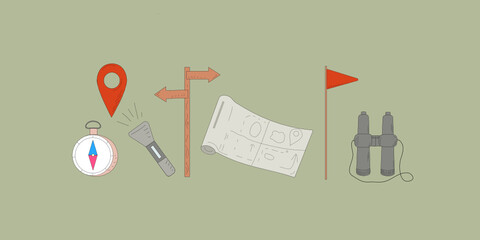 Tourist hike. Doodle style icons set. Vector graphics, isolated background.