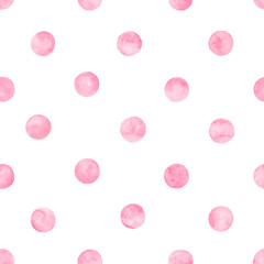Polka dot pink watercolor seamless pattern. Abstract watercolour color circles on white background