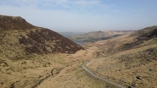 Aerial Drone Fly Over Valley In Stunning Dovestone Reservoir Peak District National Park Greenfield Saddleworth Moor Manchester