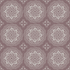 Mandala seamless tiles with white lines on greish pink background