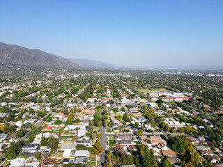 Aerial view above Pasadena neighborhood in northeast of downtown Los Angeles, California, USA