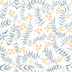 Gordijnen Yellow mimosa flowers and green leaves watercolor floral seamless pattern on white © Marija Crow