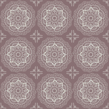 Mandala seamless tiles with white lines on greish pink background