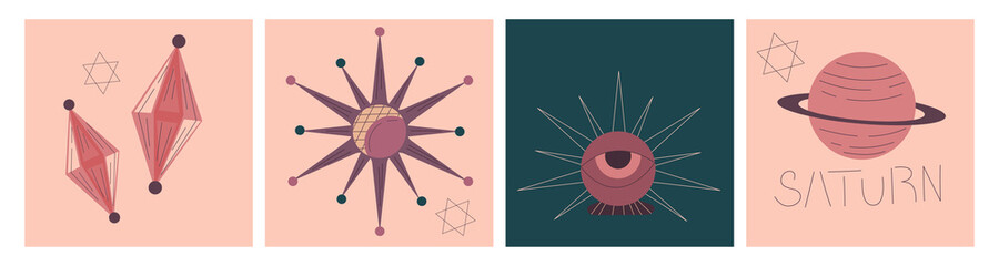 Modern boho palmistry cover for conceptual design. Flat abstract design. Minimal flat linear style. Magic astrology card, drawing a spiritual poster. Palmistry, celestial crystals, and the planet.