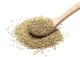 Peeled buckwheat seeds in wooden spoon isolated on white background 