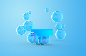 stract scene with blue podium and bubbles on a colorful background