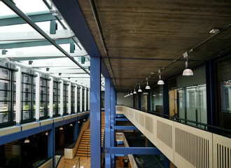 building interior with blue metal structure