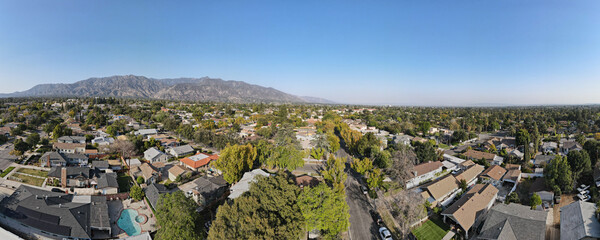 Aerial view above Pasadena neighborhood in northeast of downtown Los Angeles, California, USA